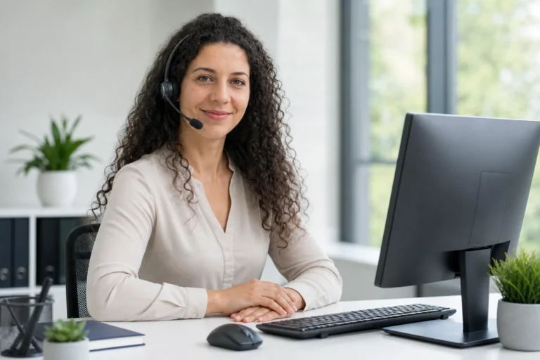 Ansprechpartnerin mit Headset am Schreibtisch